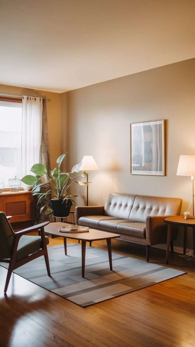 Cozy mid century modern living room with stylish lamps and natural light from a window.