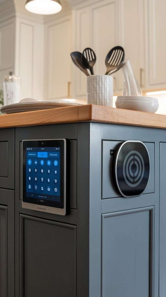 A kitchen island featuring a touchscreen display and smart technology