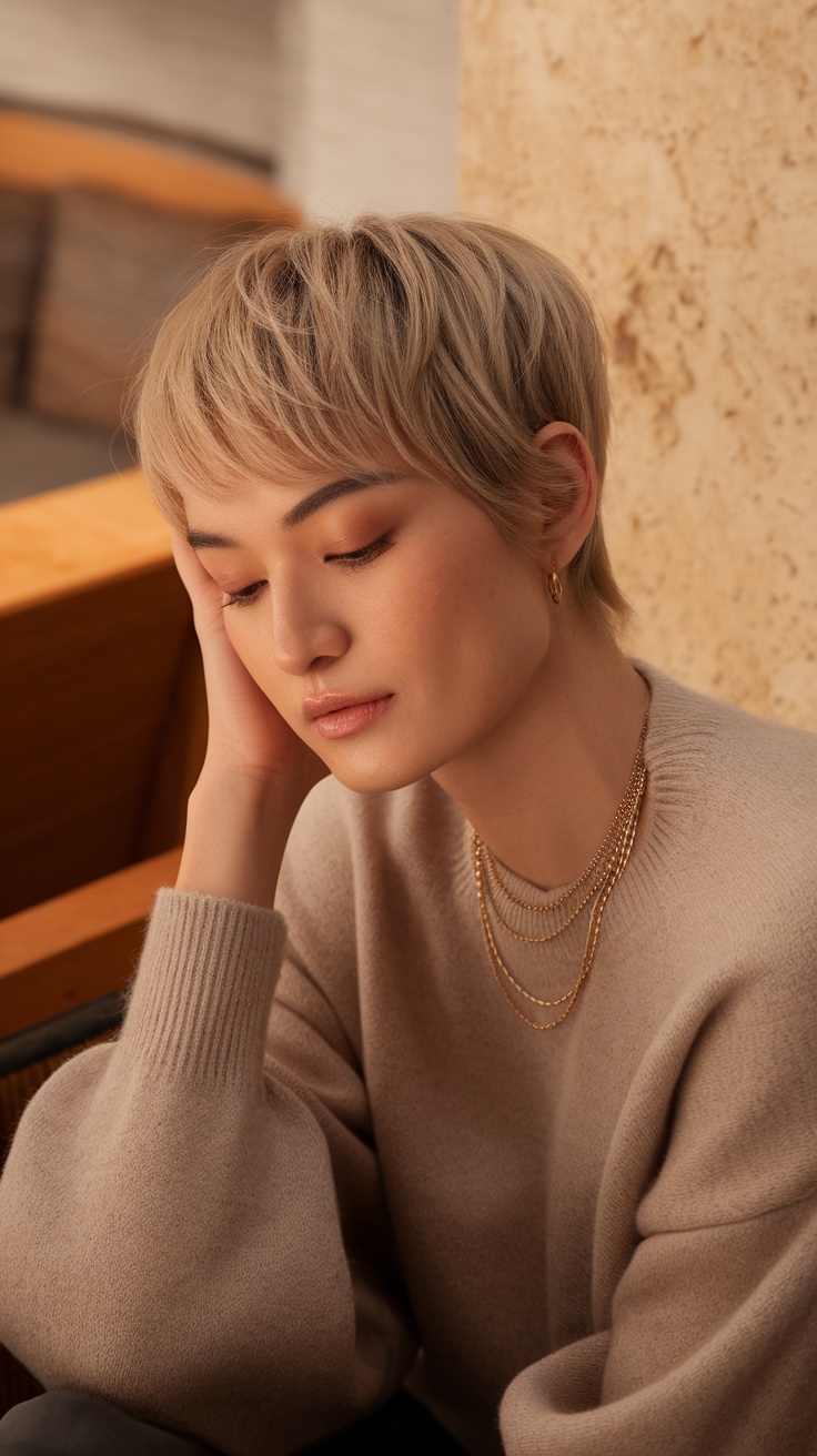 A model with a soft layered pixie hairstyle, showcasing a relaxed and textured look.