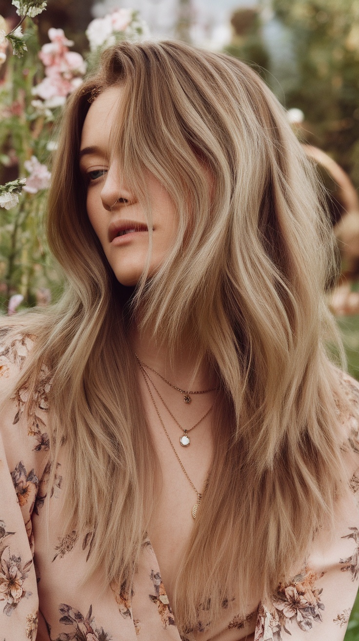 A woman with soft shag haircut, wearing a floral outfit, surrounded by flowers.