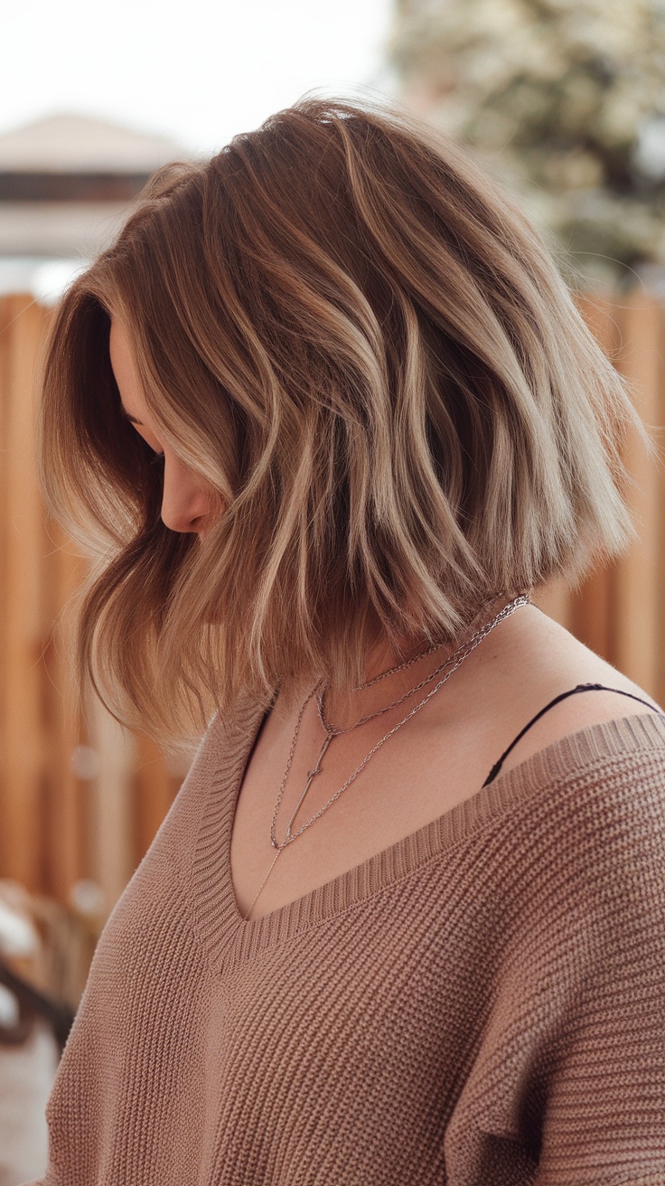 A woman with softly textured shag haircut looking down, wearing a cozy sweater.