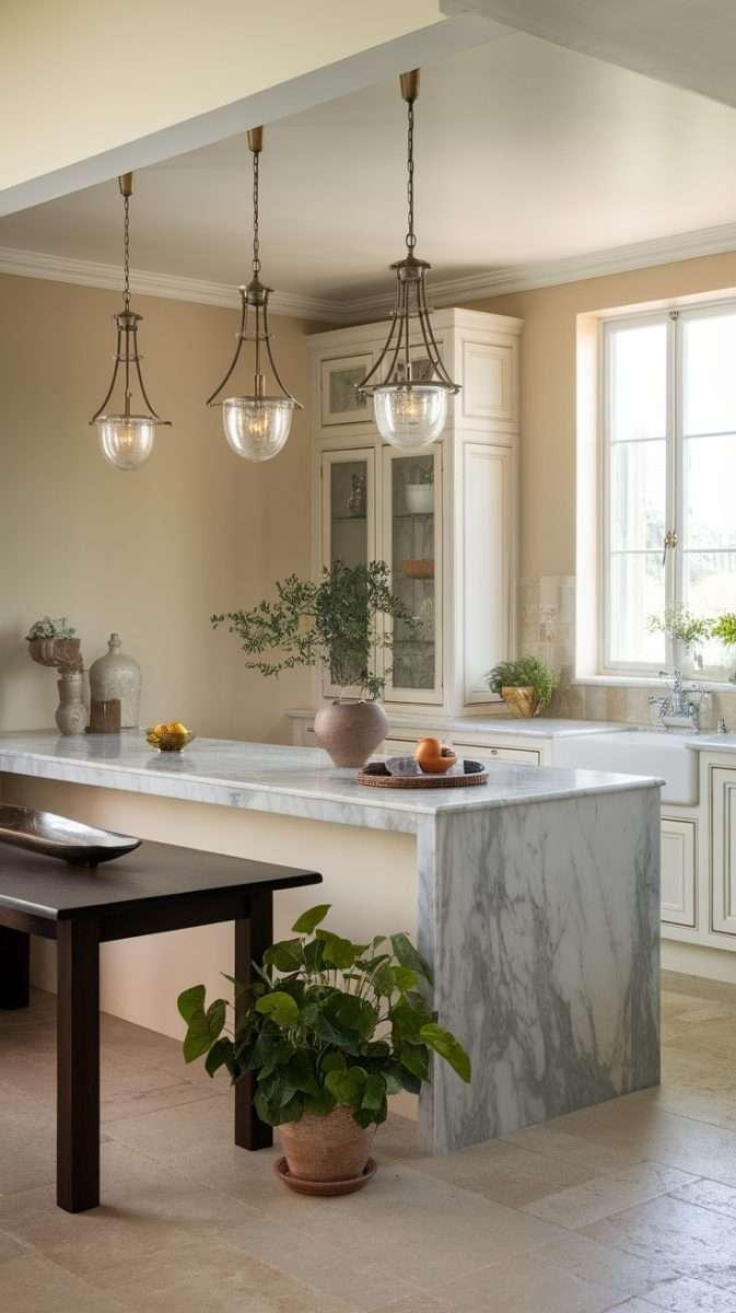 A beautifully designed kitchen with three pendant light fixtures above a marble island, complemented by decorative plants and a cozy atmosphere.