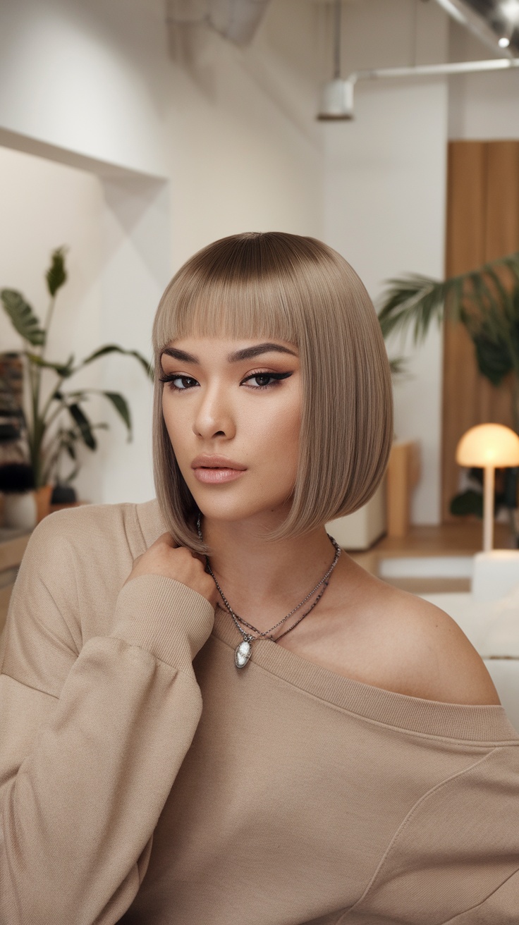 Model with a straight blunt cut hairstyle, showcasing sleek and polished hair.