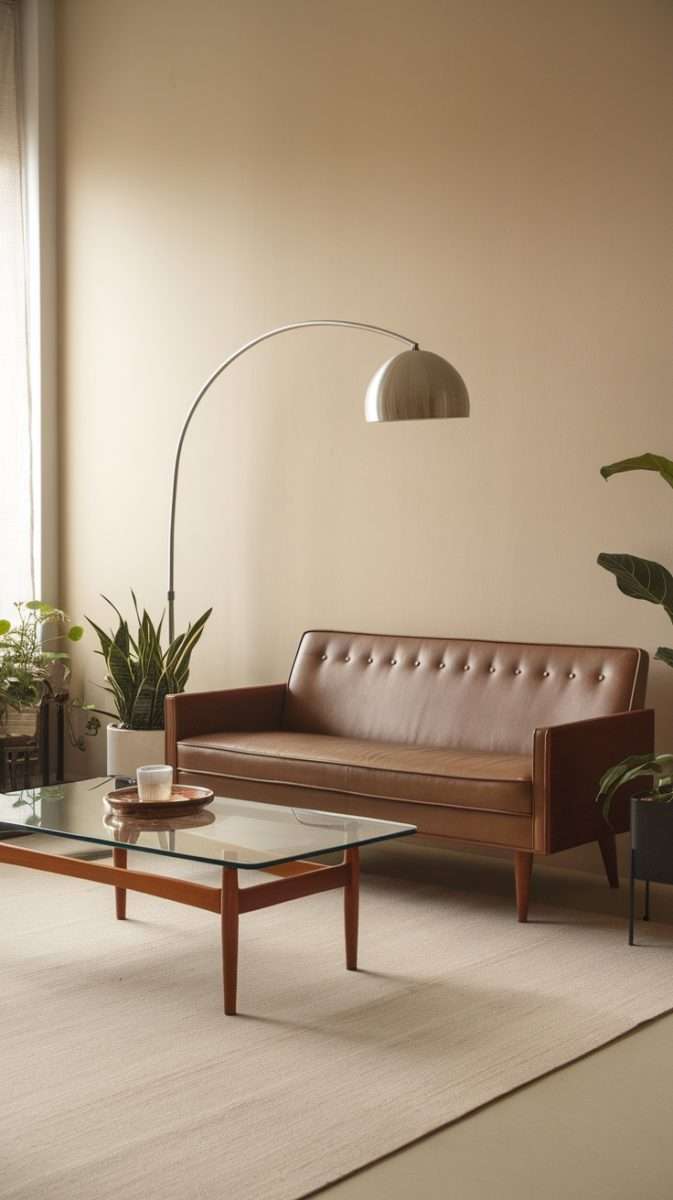 A stylish mid century modern living room with a brown leather sofa, glass coffee table, and plants.