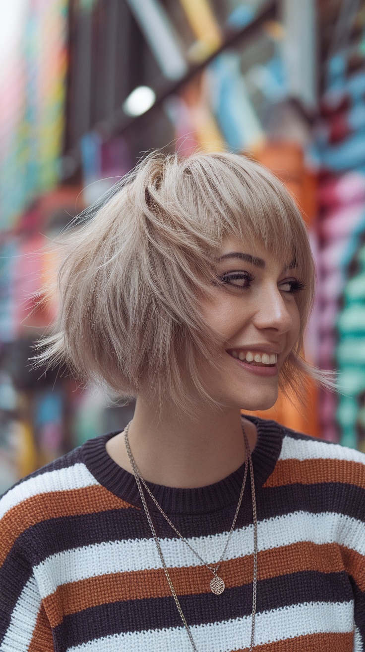 A smiling person with a super short shag haircut, wearing a striped sweater against a colorful background.