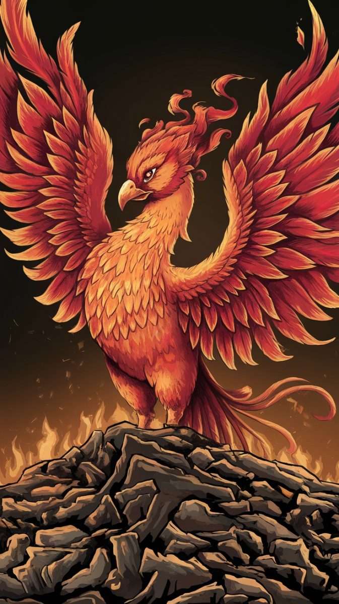 A colorful illustration of a phoenix rising from ashes, symbolizing feminine rebirth.
