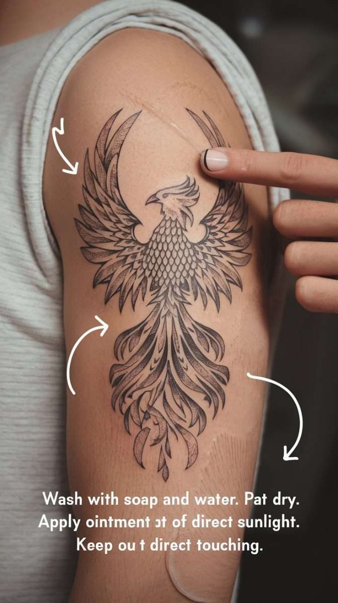 Image showing a feminine rebirth phoenix tattoo on an arm with instructions for aftercare