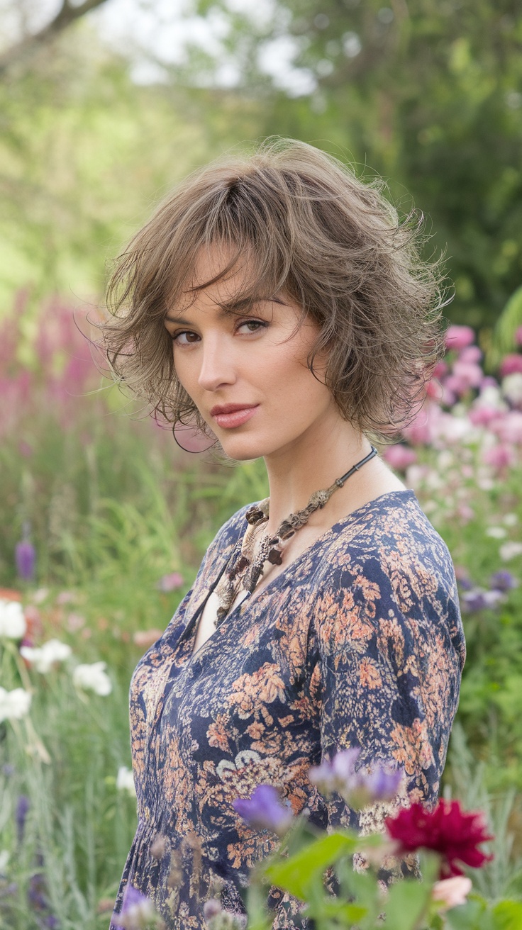 A woman with a textured curly lob hairstyle, surrounded by flowers in a garden.