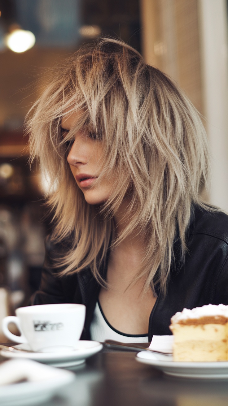 Model with a textured lob hairstyle, showcasing soft layers and waves.