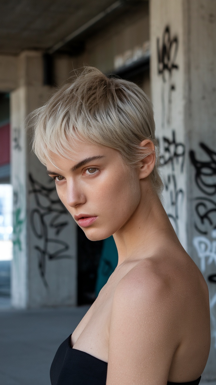A model with a textured pixie cut, showcasing a stylish look.