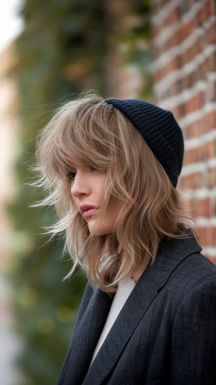 A woman with wavy hair styled in a textured shag haircut, wearing a black beanie and a blazer, standing against a brick wall.