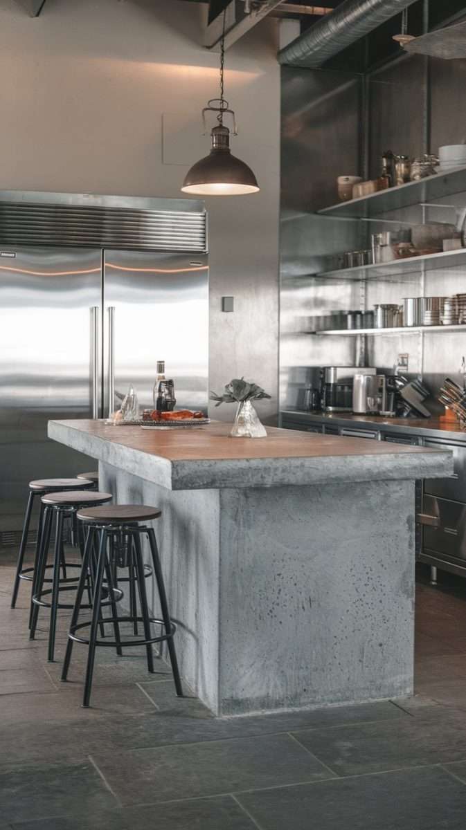 A modern kitchen with a concrete island and black bar stools.