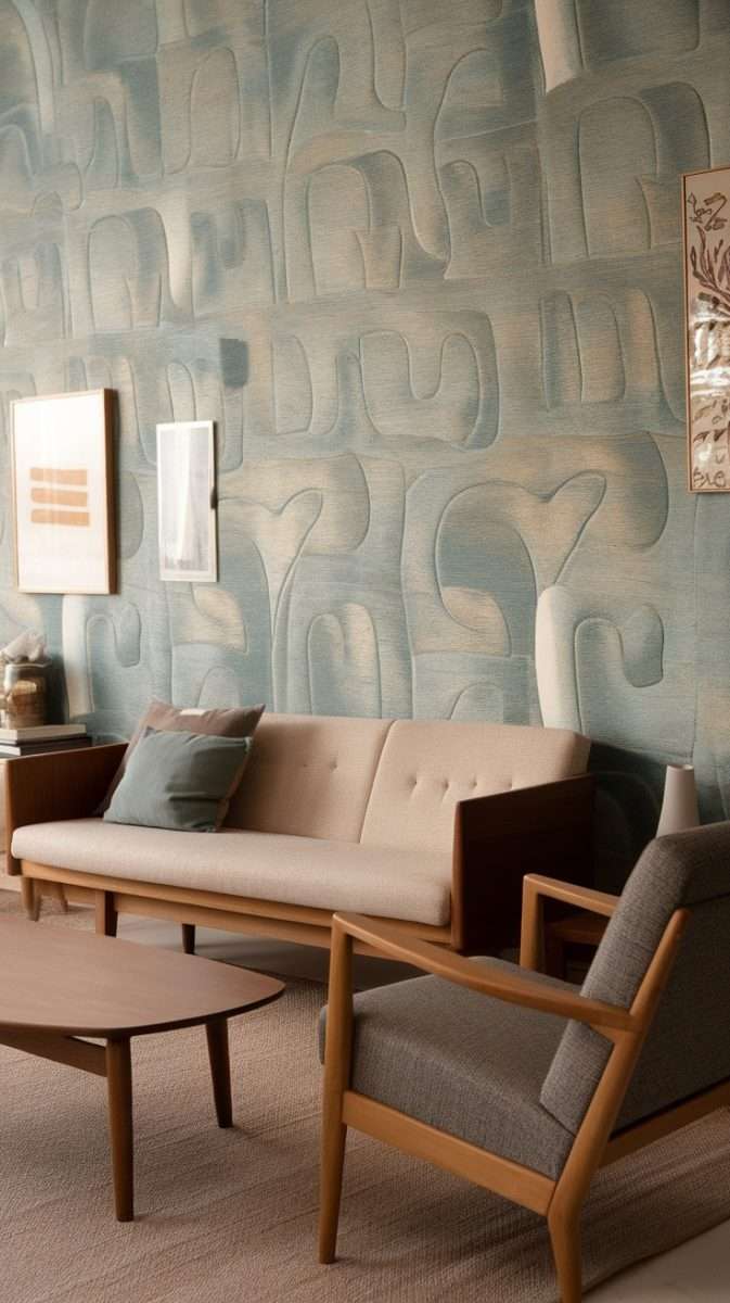 A mid century modern living room with textured wallpaper in blue tones, featuring a beige couch and wooden furniture.