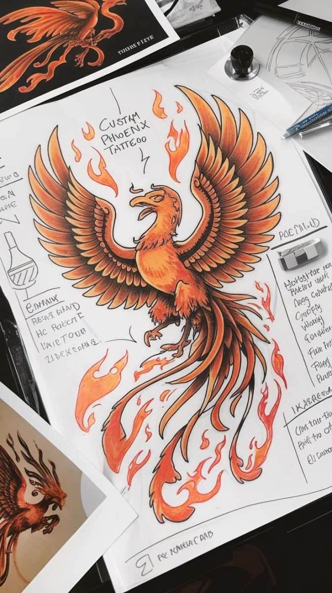 A detailed sketch of a custom phoenix tattoo featuring flames and intricate designs.