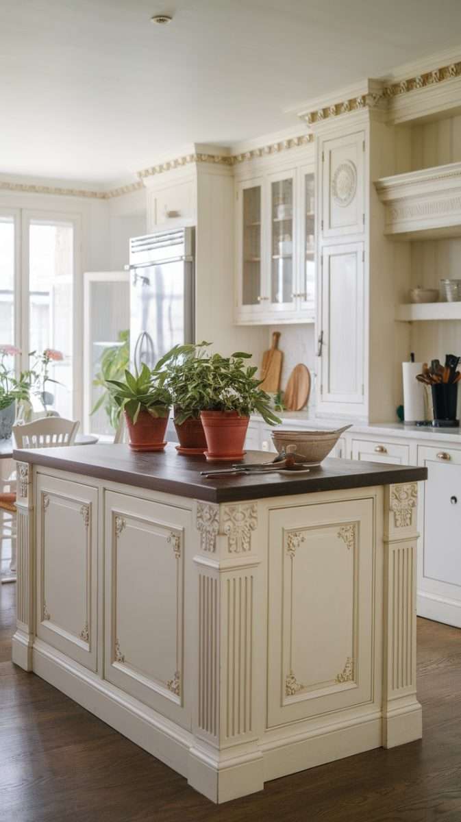 A classic kitchen island with intricate detailing, cream cabinetry, and dark countertop, surrounded by potted plants.