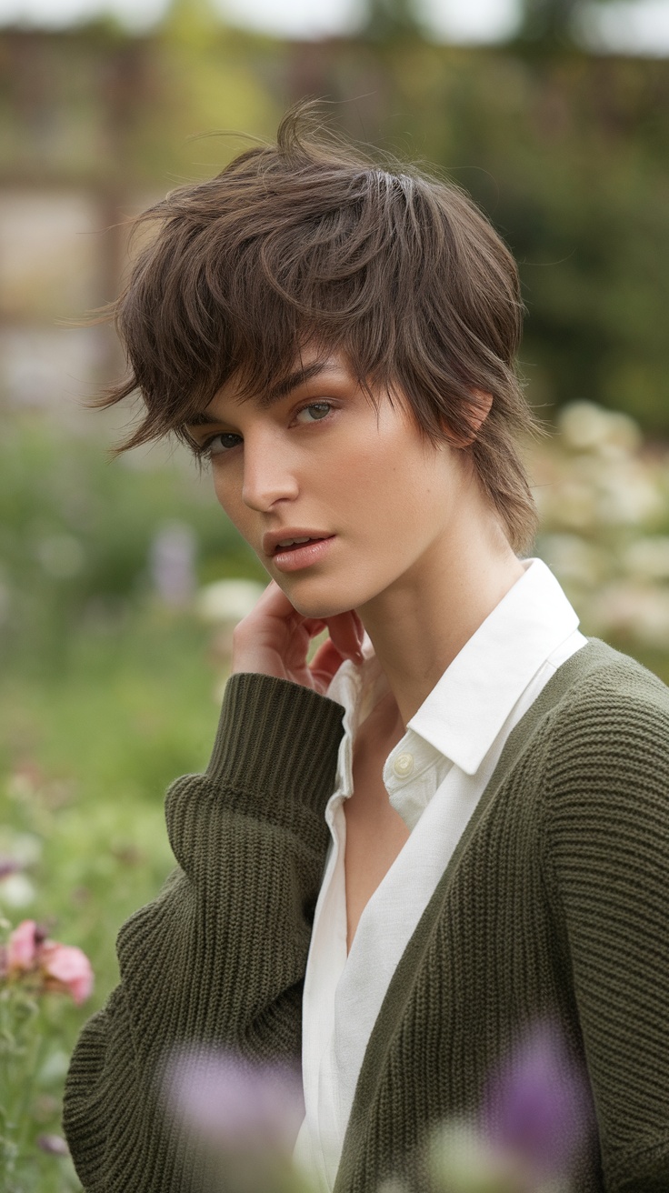 A model with a tousled short haircut, featuring light layers and a relaxed style.