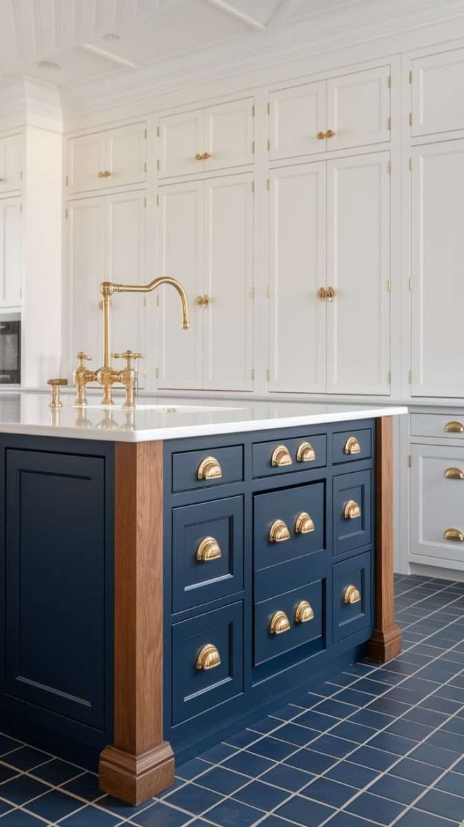 A beautifully designed kitchen island with navy blue cabinets, gold hardware, and a warm wood accent.