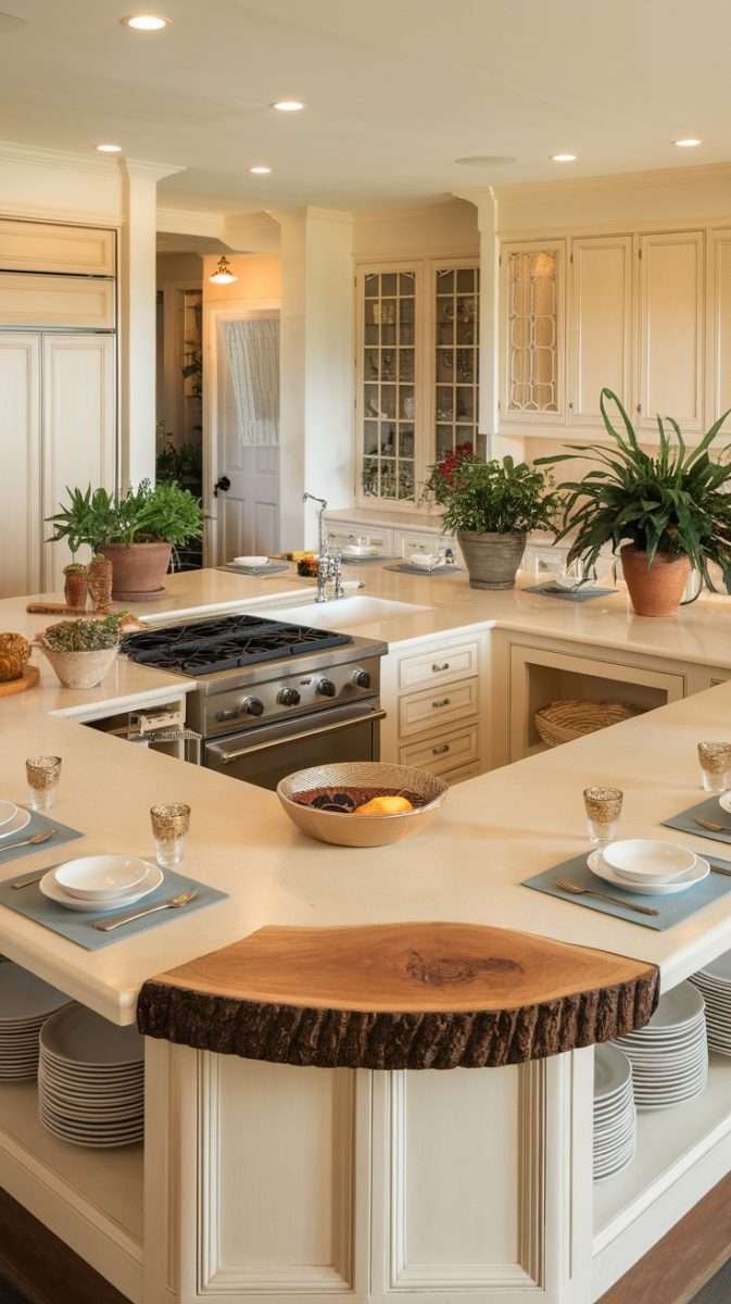 U-shaped kitchen island with seating, plants, and a modern cooking setup.