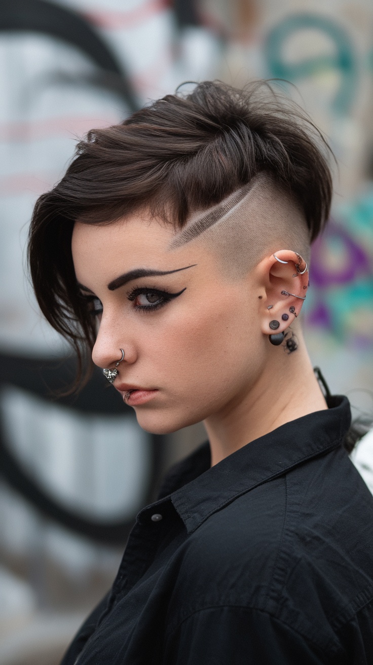 A person with an undercut pixie hairstyle, featuring shaved sides and longer hair on top, styled against a graffiti background.
