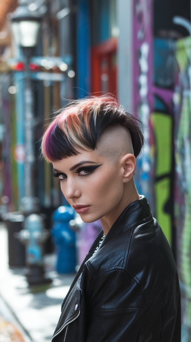 A person with a pink undercut shag hairstyle standing in front of a colorful graffiti wall.