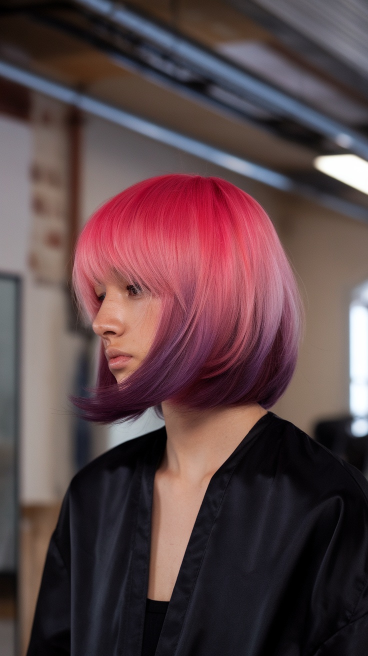 Image of a woman with vibrant ombre shag haircut in shades of pink and purple.