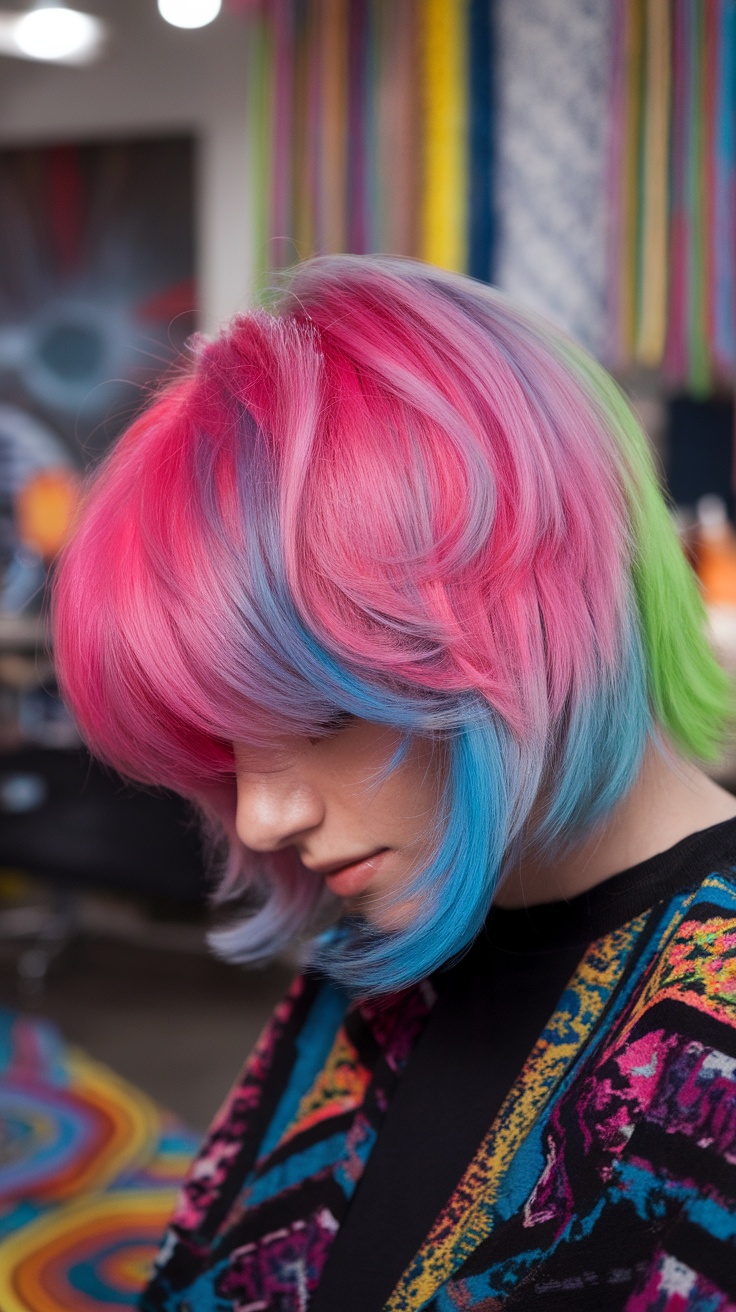 A person with vibrant pink, blue, and green shag haircut, showcasing colorful hair in a stylish setting.