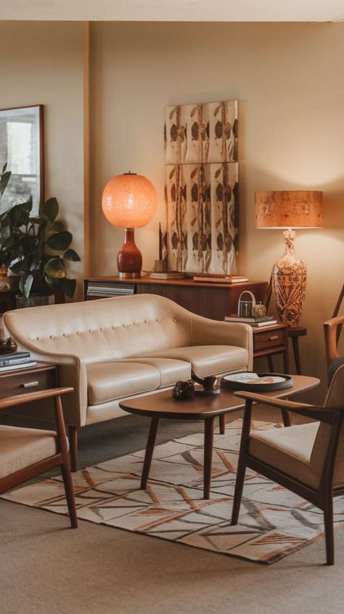 A mid century modern living room featuring a beige sofa, vintage lamps, and artistic wall decor.