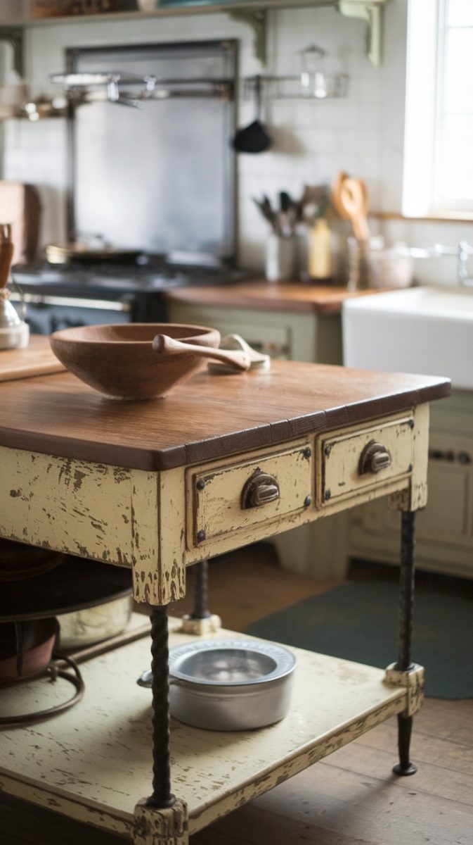 Vintage kitchen island with a weathered yellow finish and wooden top, featuring a rustic bowl and spoon.