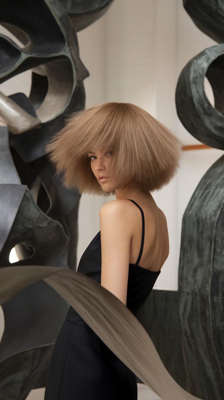 Model showcasing a voluminous short shag hairstyle with layered texture.