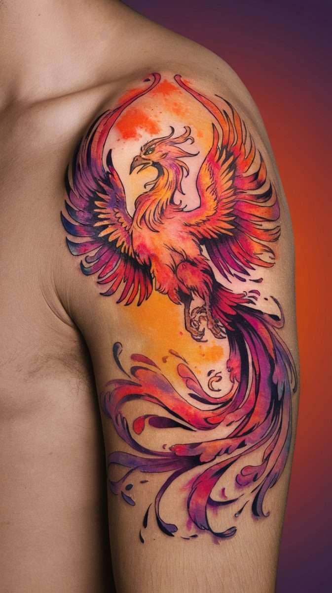 Watercolor tattoo of a phoenix in vibrant colors on a shoulder.