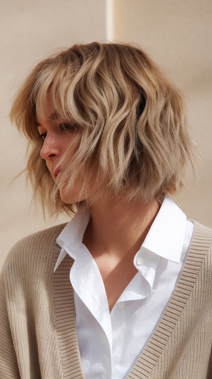 A woman with a wavy short shag hairstyle, styled with soft waves, wearing a beige sweater and white shirt.