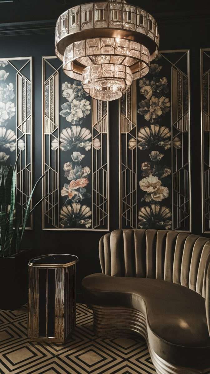 A stylish interior featuring Art Deco floral wallpaper with a chandelier and plush seating.