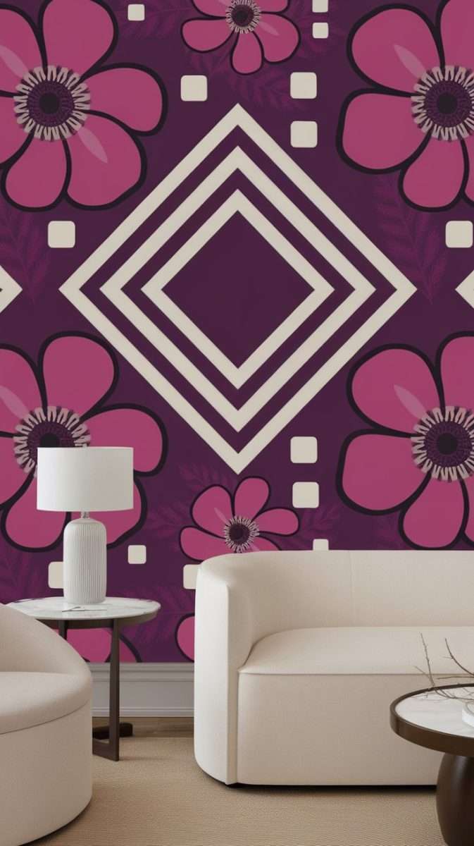 A modern floral wallpaper design featuring large pink flowers and geometric shapes on a purple background, with a stylish living room setup.