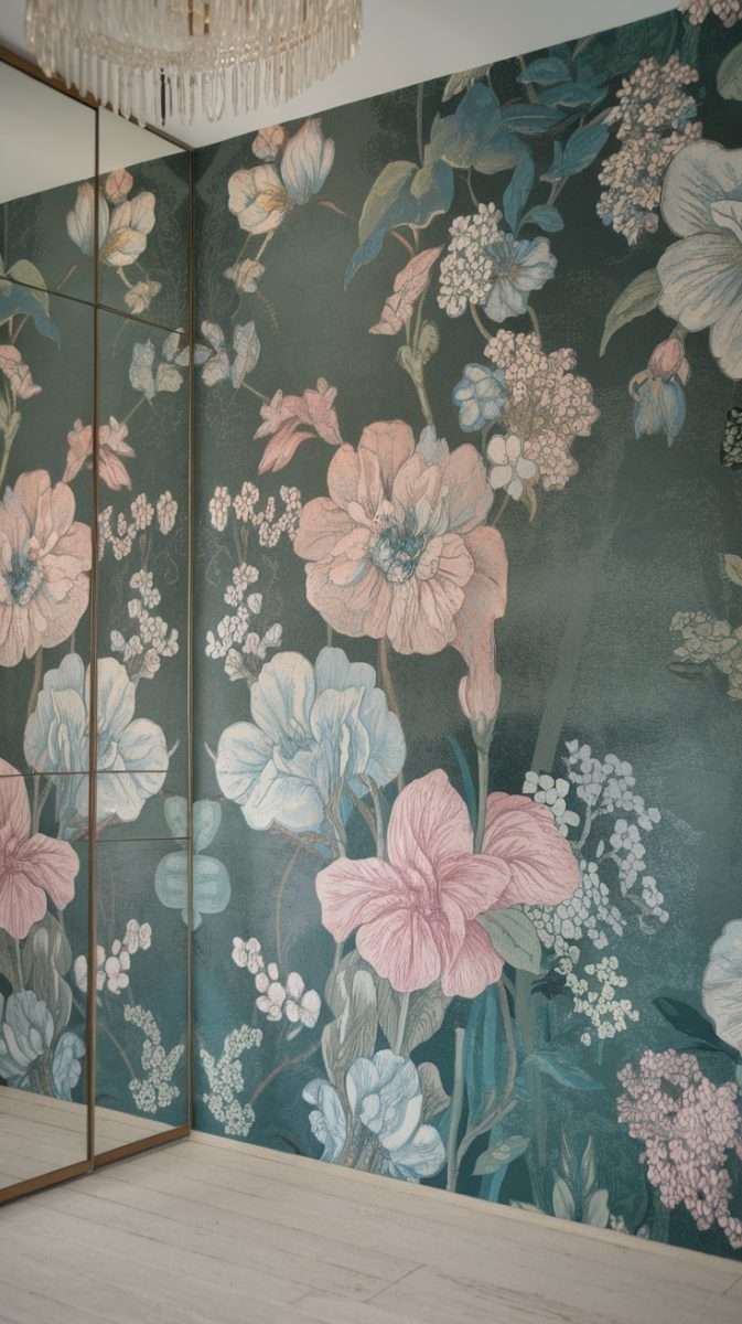 A room featuring floral wallpaper with a variety of flowers on a dark green background.