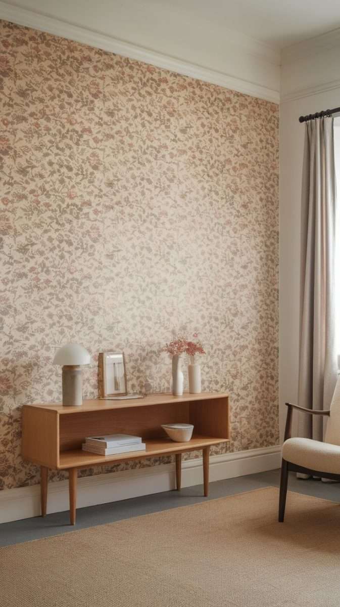 A cozy room featuring floral wallpaper with minimalist furniture and decor.