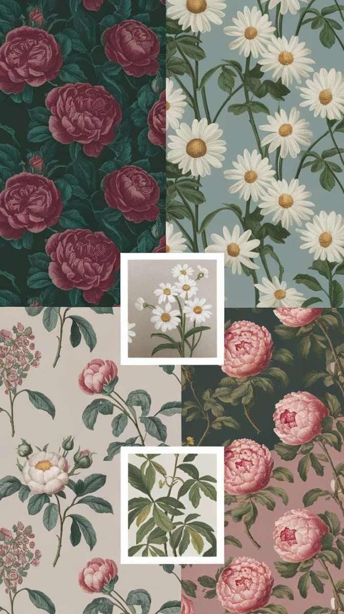 A collage of various floral wallpaper patterns featuring roses and daisies in multiple colors and styles.