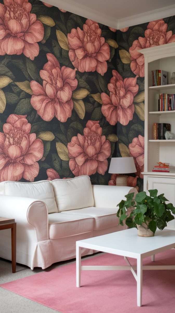 A cozy living room with floral wallpaper featuring large pink flowers and green leaves, complemented by a white couch and a pink rug.
