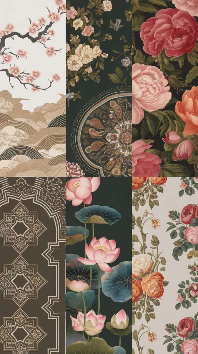 A collage of various floral wallpaper designs showcasing different cultural influences.