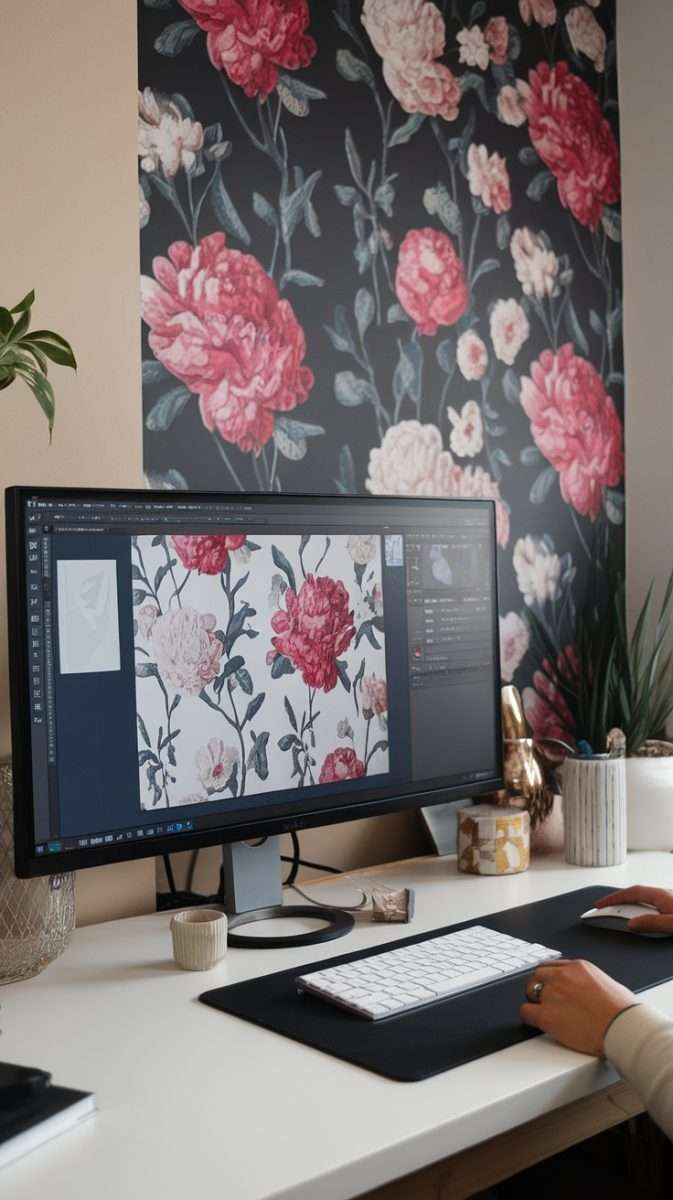 A workspace with a laptop displaying floral designs and printed floral wallpapers on the table.