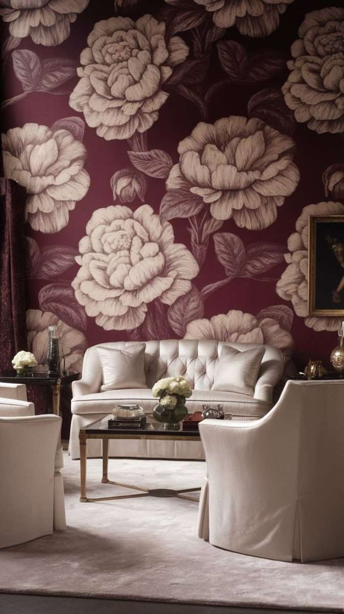Elegant living room with large-scale floral wallpaper in burgundy and beige tones.