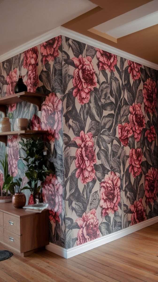 A room featuring floral wallpaper with large pink flowers and green leaves, complemented by wooden furniture and plants.
