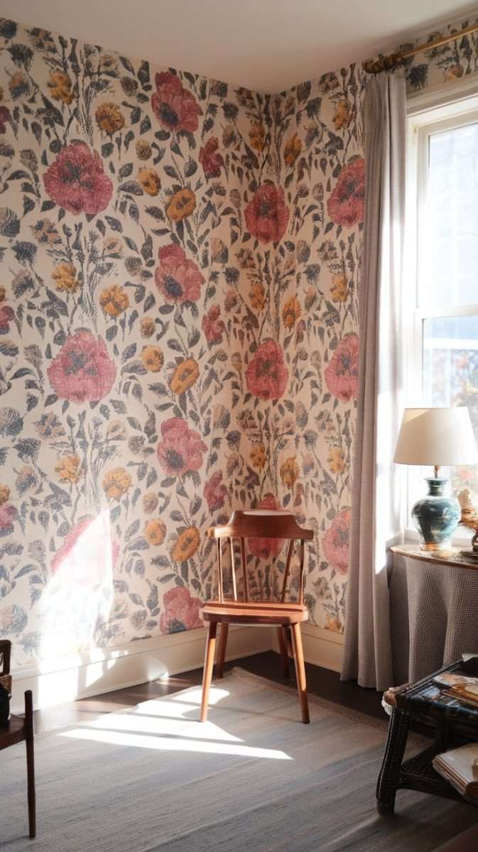A cozy room with floral wallpaper, a wooden chair, and natural light coming through the window.