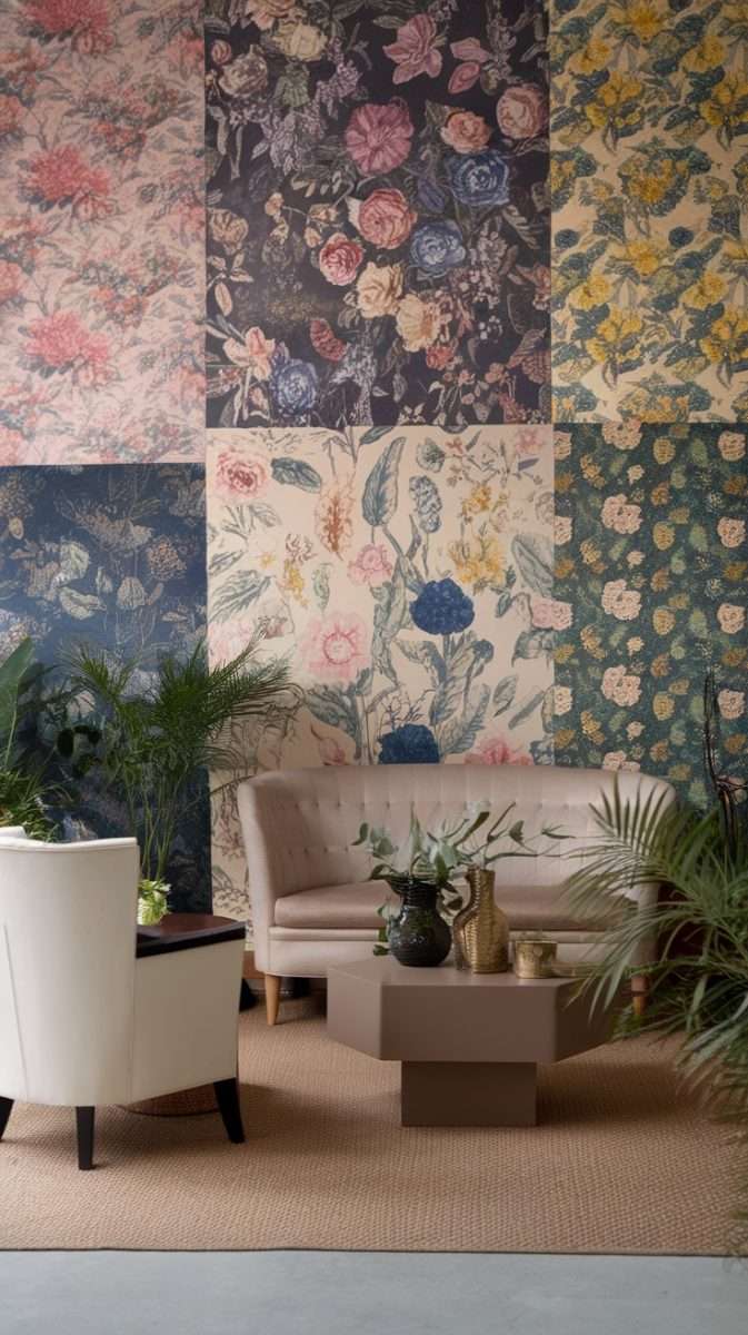 A cozy interior featuring a variety of floral wallpaper patterns on the walls, complemented by a soft pink sofa and modern coffee table.