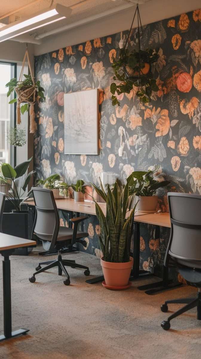 A workspace featuring floral wallpaper, plants, and modern office furniture.