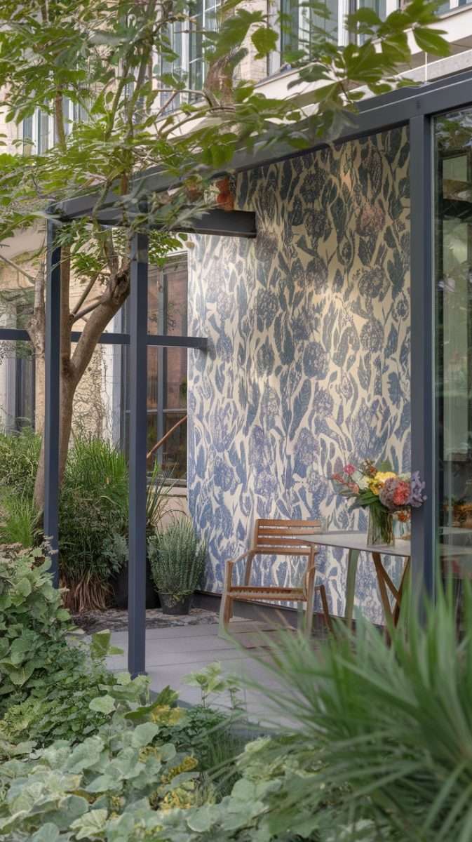 A cozy outdoor seating area with floral wallpaper, greenery, and wooden furniture.