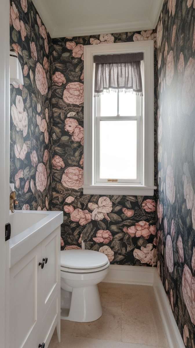 A small bathroom featuring floral wallpaper with light pink flowers on a dark background, a white vanity, and a window with sheer curtains.