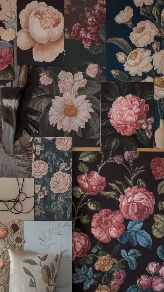 A collage of various floral wallpaper designs featuring peonies, daisies, and other floral motifs in different colors and textures.