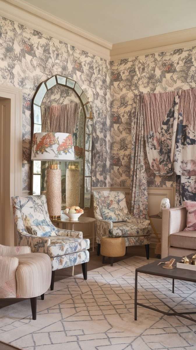 A room featuring floral wallpaper, floral patterned chairs, and elegant decor.