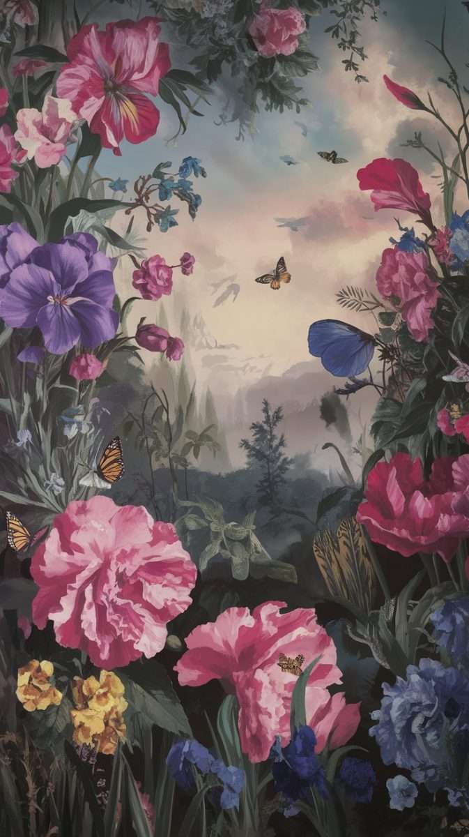 A vibrant floral mural featuring a variety of colorful flowers and butterflies against a serene landscape.