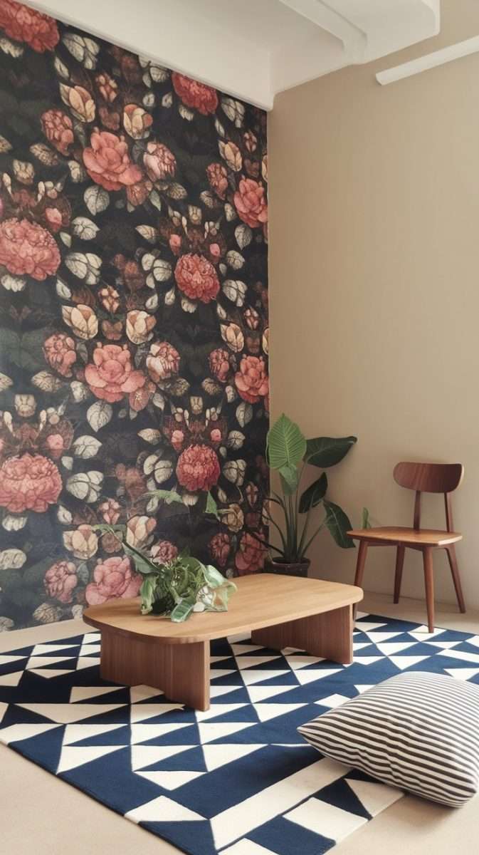 A cozy room featuring floral wallpaper with roses, a geometric patterned rug, a wooden coffee table, and a chair.